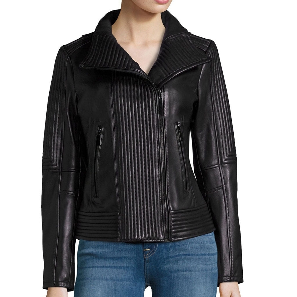 Vince Camuto New Zealand Lamb Leather Moto Biker Jaxket in Black
